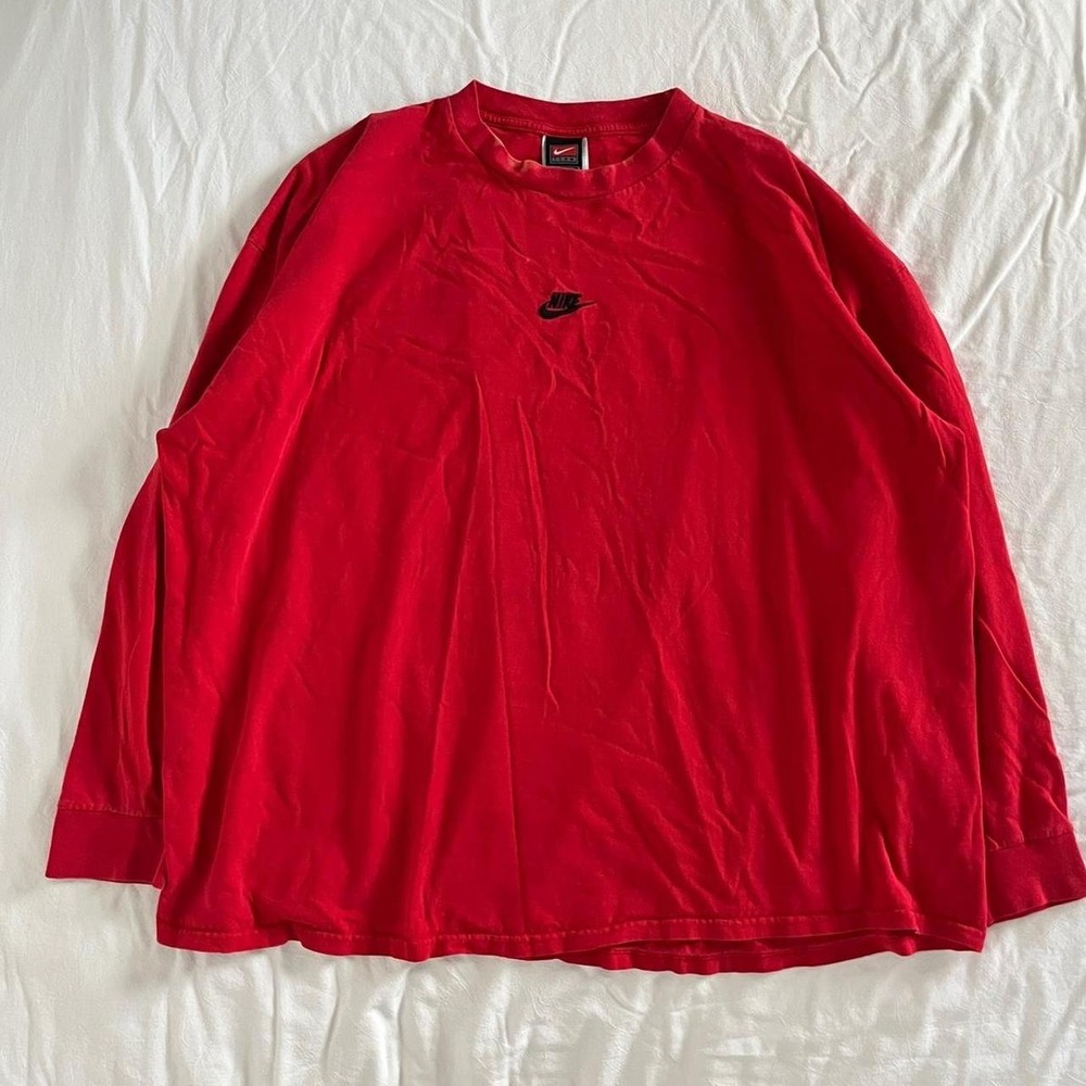 Y2K Nike center swoosh long sleeve t-shirt thrashed XXL 2XL 100% Cotton Red Tee